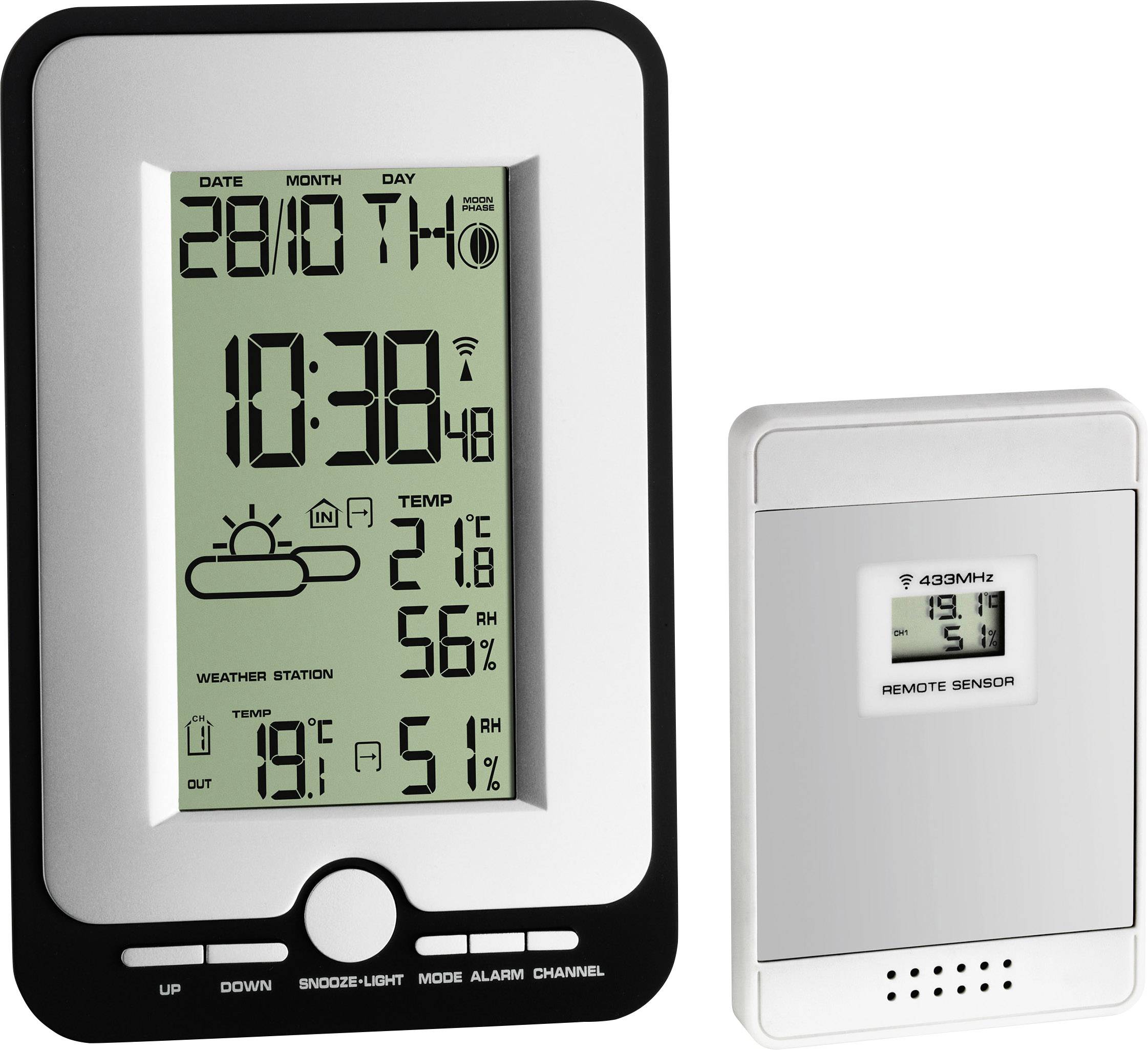 Digitales Thermometer mit Datum, Uhrzeit und Wettervorhersage: Temperatur 21°C, Luftfeuchtigkeit 56%. Externer Sensor zeigt 19,5°C.