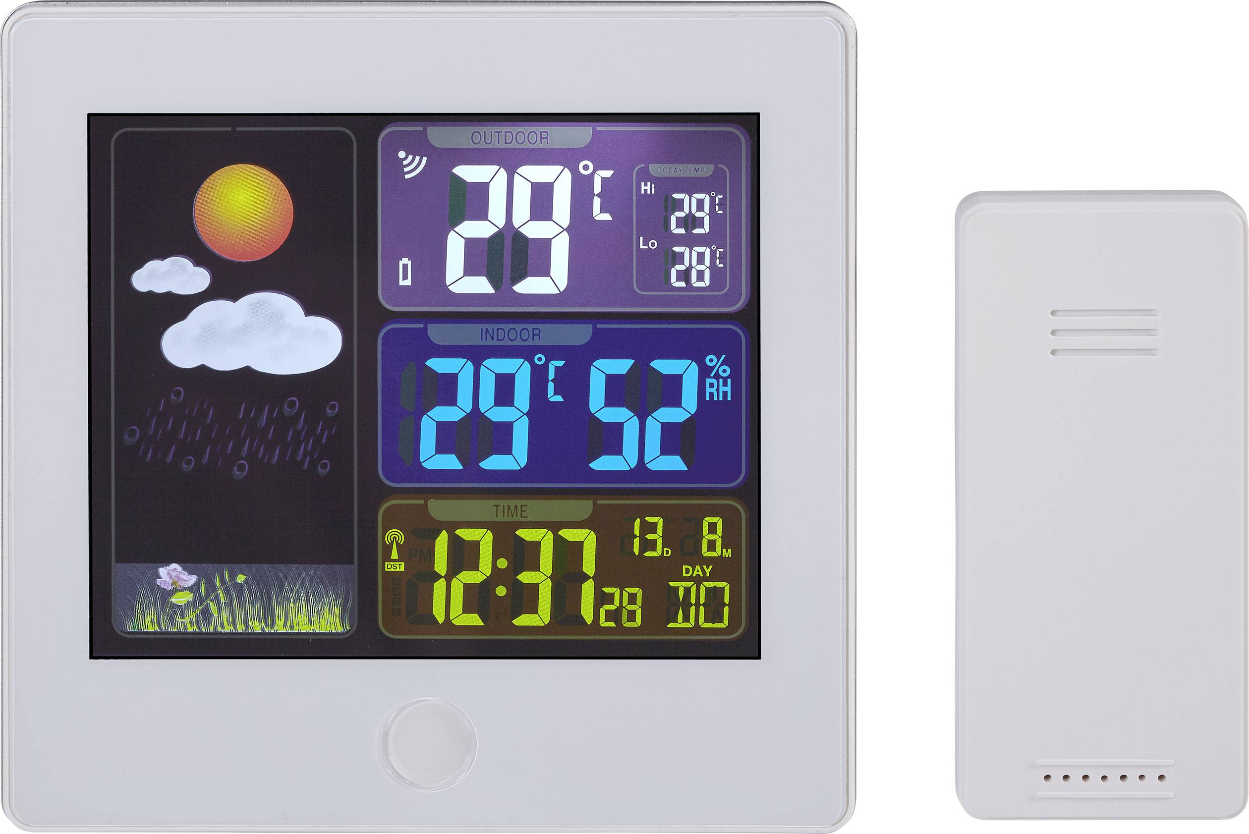 Digital weather station shows 19°C outside, 29°C inside with 52% humidity, time 12:37, rain symbol with sun and clouds.