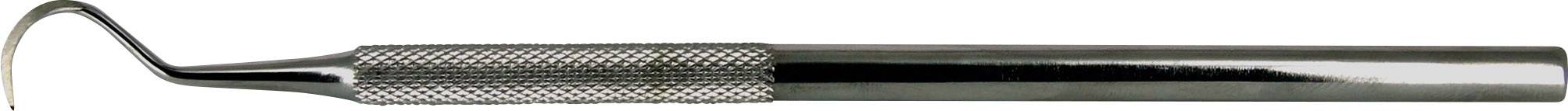 A dental scaler instrument with a curved, pointed end and a metallic, ridged handle.