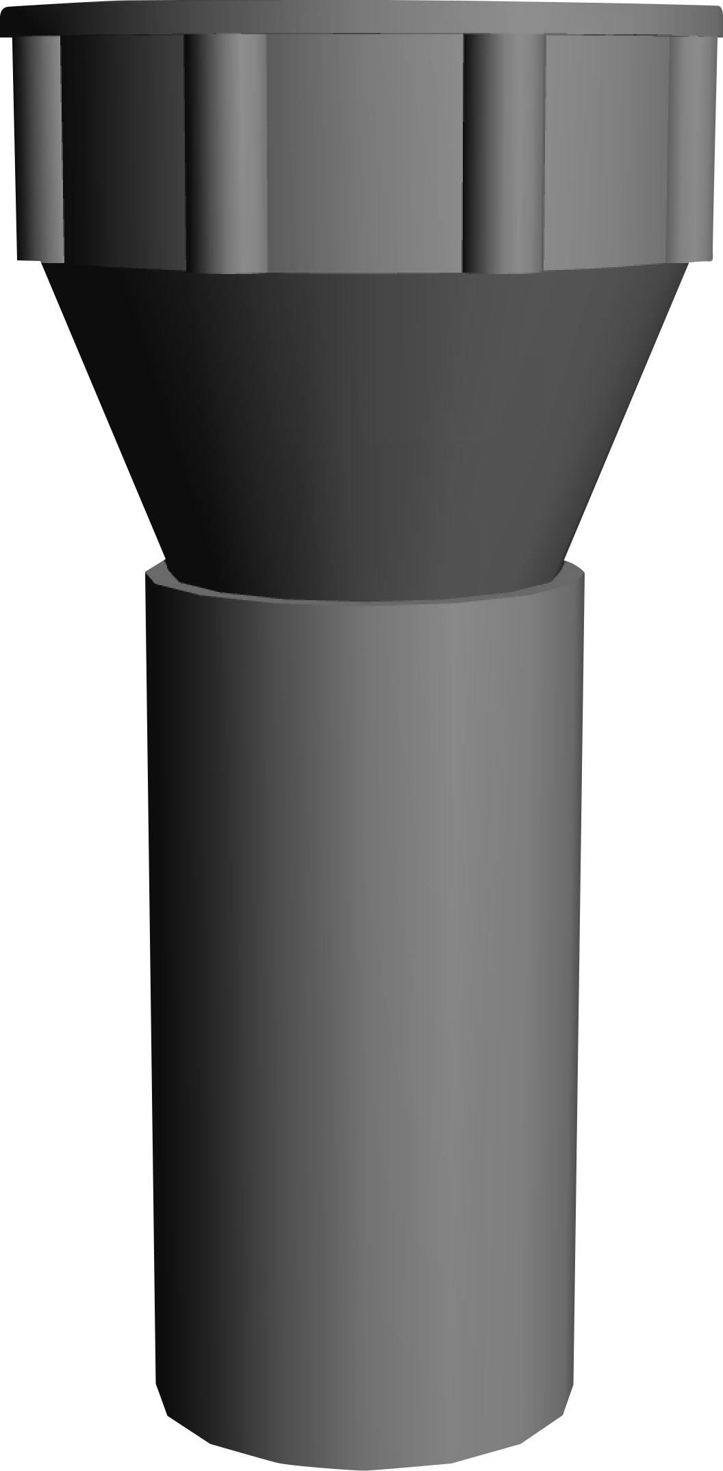 A grey, conical tool or plastic connector with a cylindrical lower section and a ribbed upper edge.