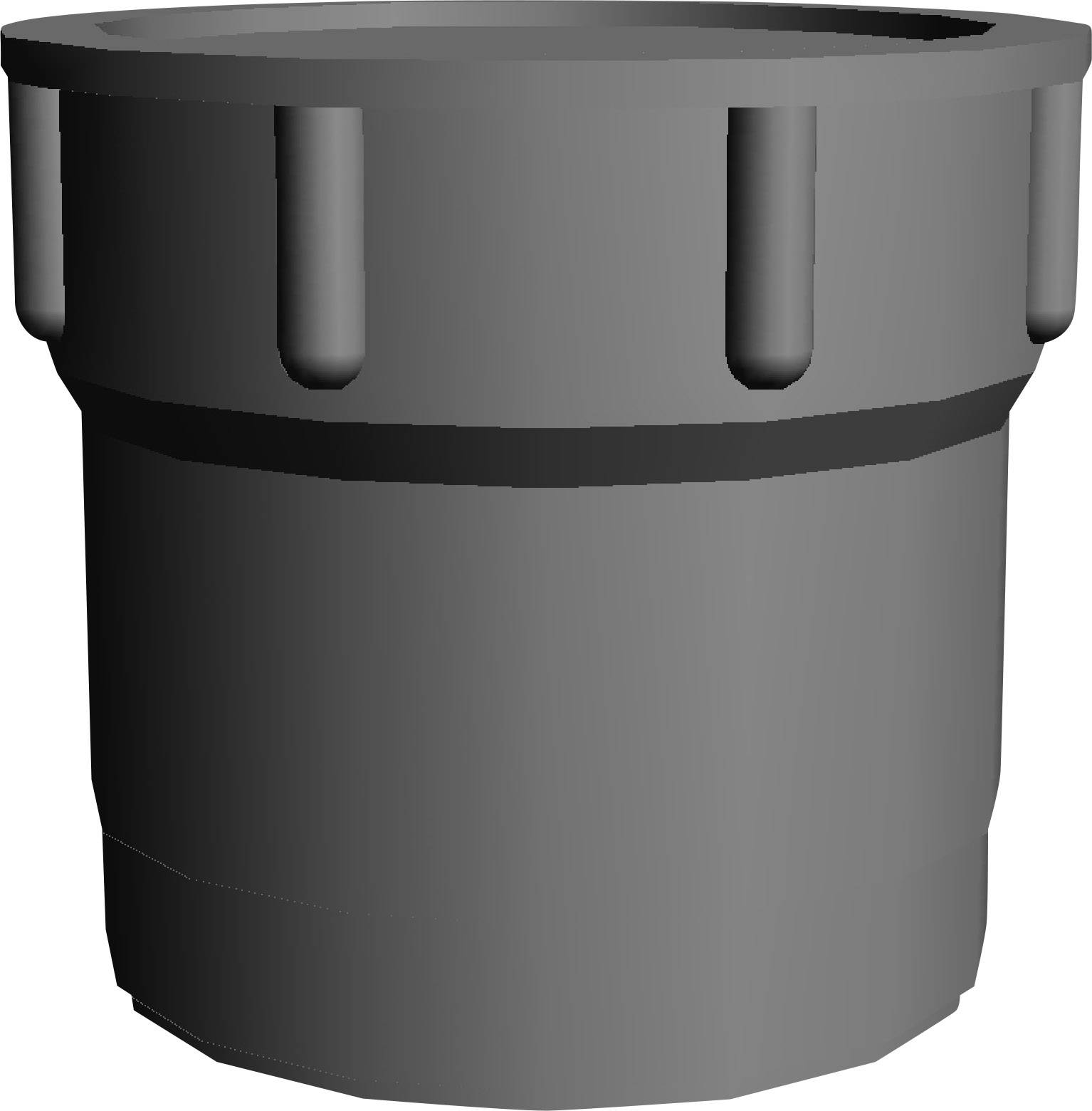 Ein grauer, zylindrischer Container mit verstärktem Rand und vertikalen Rippen zur Stabilität.