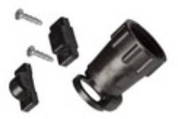 Black plastic part with two screws and two additional black components. Suitable for assembly or repair purposes.