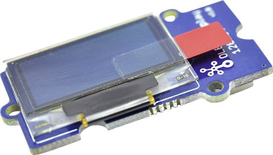 A small, blue OLED display module with connection contacts, suitable for electronic DIY projects or microcontroller applications.