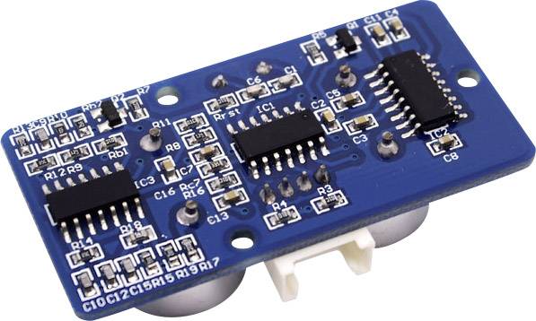 Electronic circuit board with multiple integrated circuits, capacitors, and resistors. Blue PCB layout with dark chips.