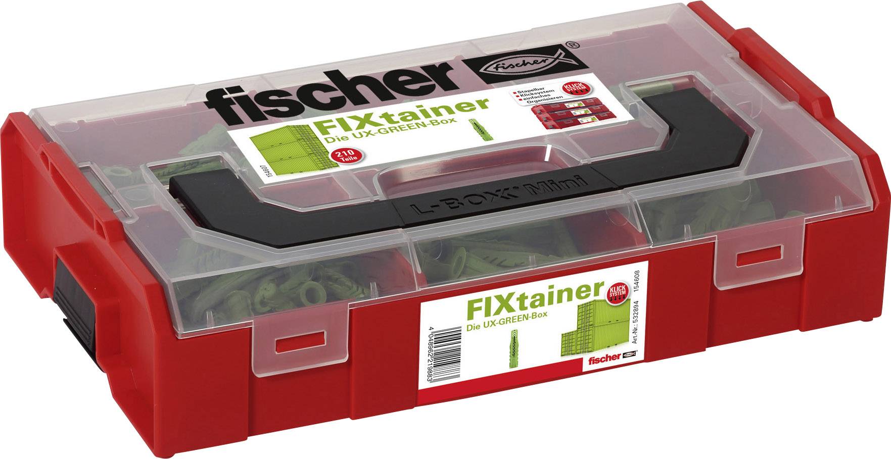 Red toolbox 'fischer FIXtainer' with transparent lid, filled with green wall plugs.