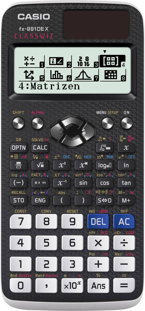 Electronic pocket calculator with numerous buttons and a digital display showing '4: Matrices'.