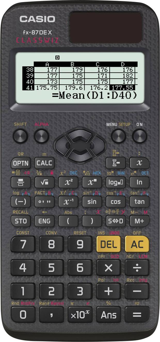 Scientific calculator with a display showing a spreadsheet, including a 'Mean' function.