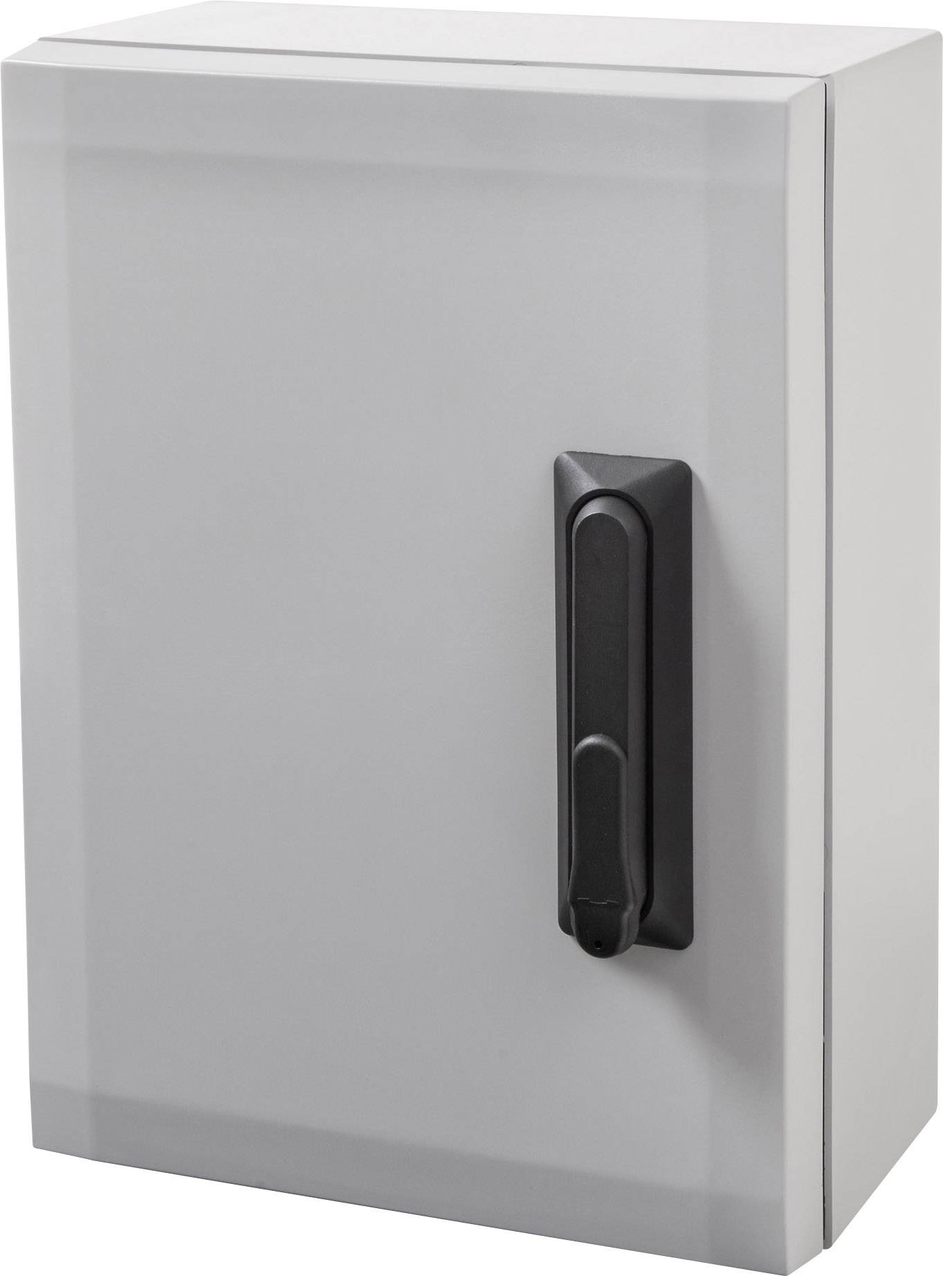 Grey and white metal cabinet with a black handle, suitable for securely storing devices or documents indoors.