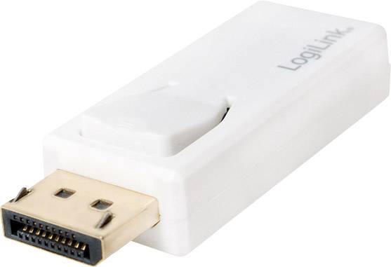 A white DisplayPort to HDMI adapter with a USB port, used for connecting devices to displays.