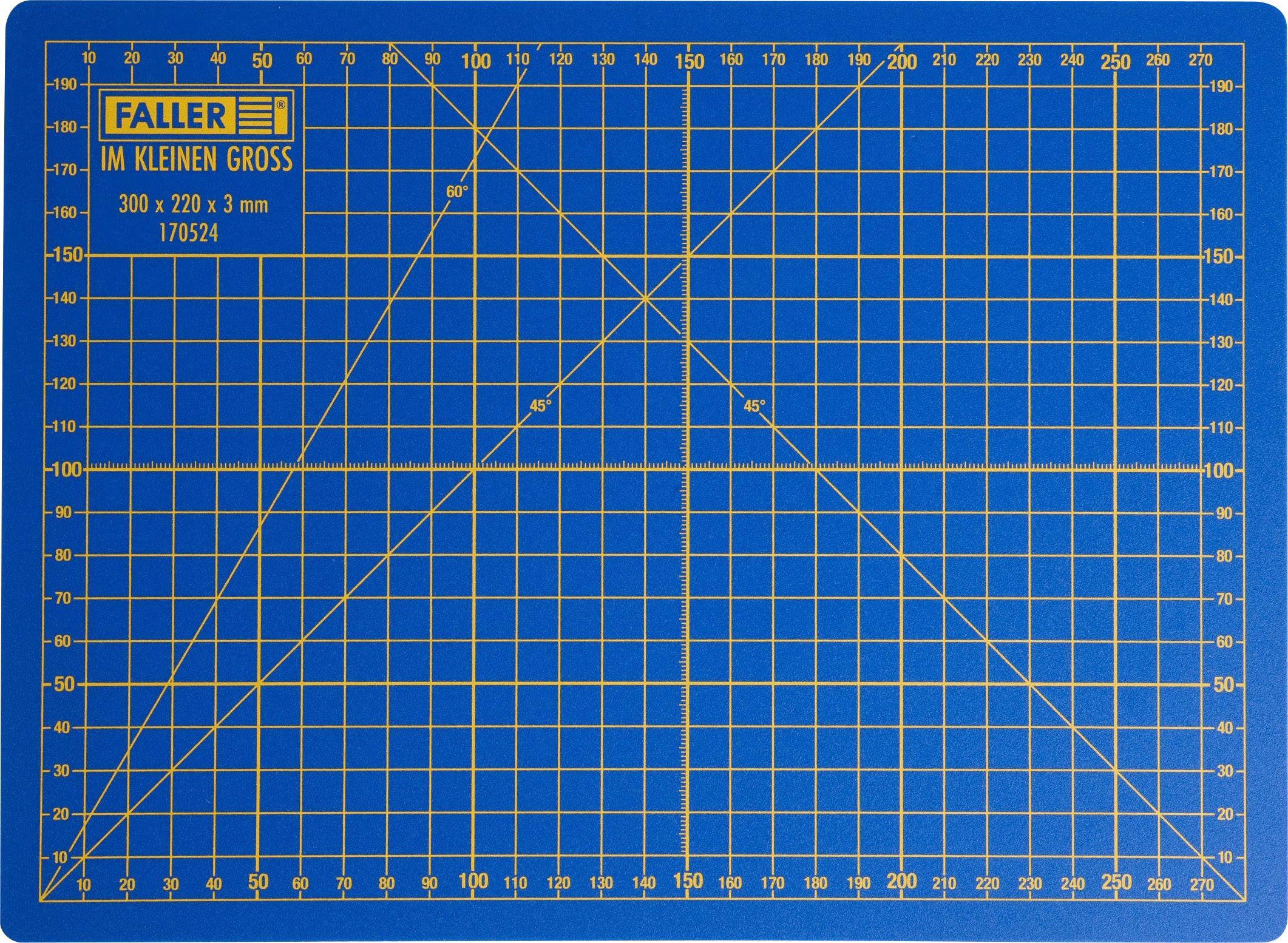 Blaue Schneidematte mit gelbem Gitterraster und Lineal. Maße 300x220 mm. Oben links steht 'Faller - Im Kleinen Groß'.