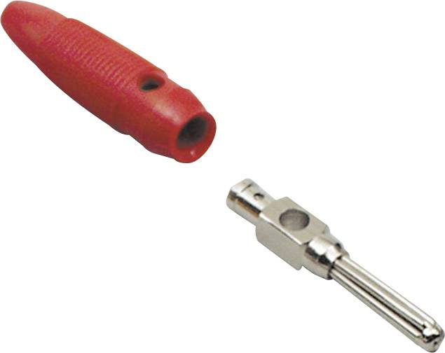 Two connectors: on the left, a red, ribbed socket; on the right, a metallic, elongated plug with several notches.