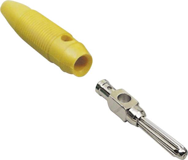 A yellow plastic handle and a metallic drill bit are lying side by side. The bit has several fine cutting edges.