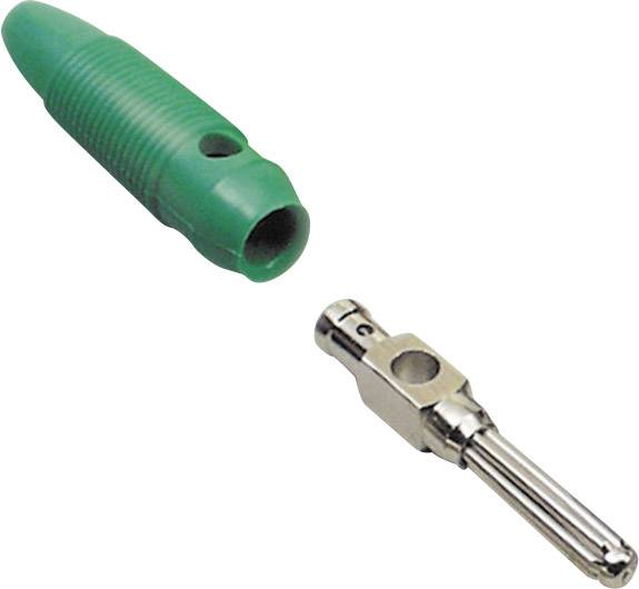 Green plastic component and metallic adapter side by side.