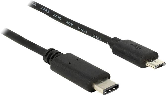 A USB cable with two plug types: on the left a USB-C plug and on the right a Micro-USB plug.
