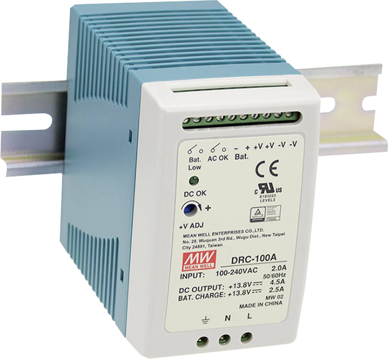 A blue and white power supply adapter for DIN rail mounting with multiple connections. Brand name and technical specifications are shown.