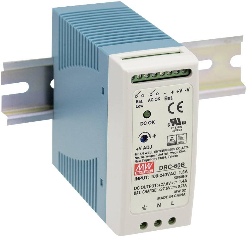 The image shows a blue and white electronic device with the label 'DRC-60B', which is mounted on a DIN rail for power supply.