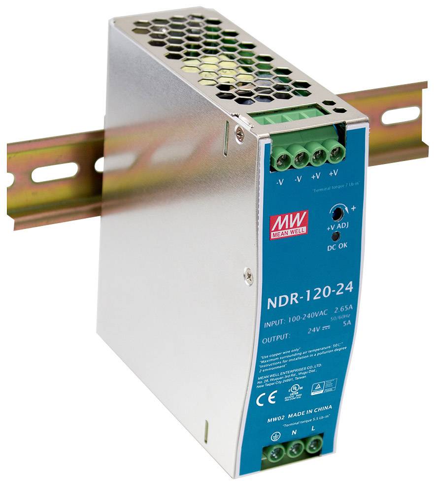 A Mean Well switched-mode power supply (Model NDR-120-24) mounted on a DIN rail, with 24V output voltage, 120W power rating.
