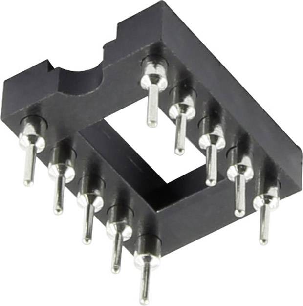 A black 8-pin dual in-line (DIL) socket with two rows of metal pins, used for housing and protecting integrated circuits.