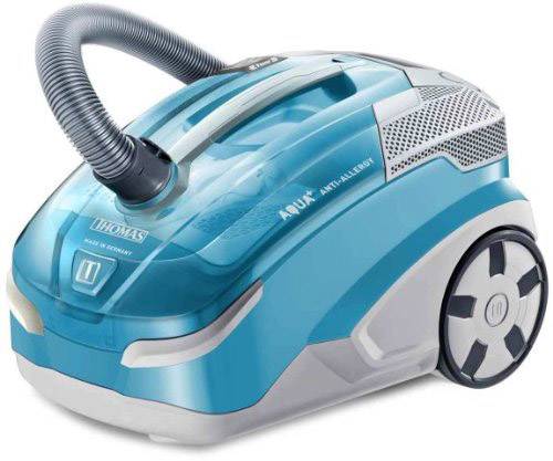 A blue vacuum cleaner with large rear wheels, a flexible hose on top, and an 'Aqua Anti-Allergy' label is standing on a white surface.