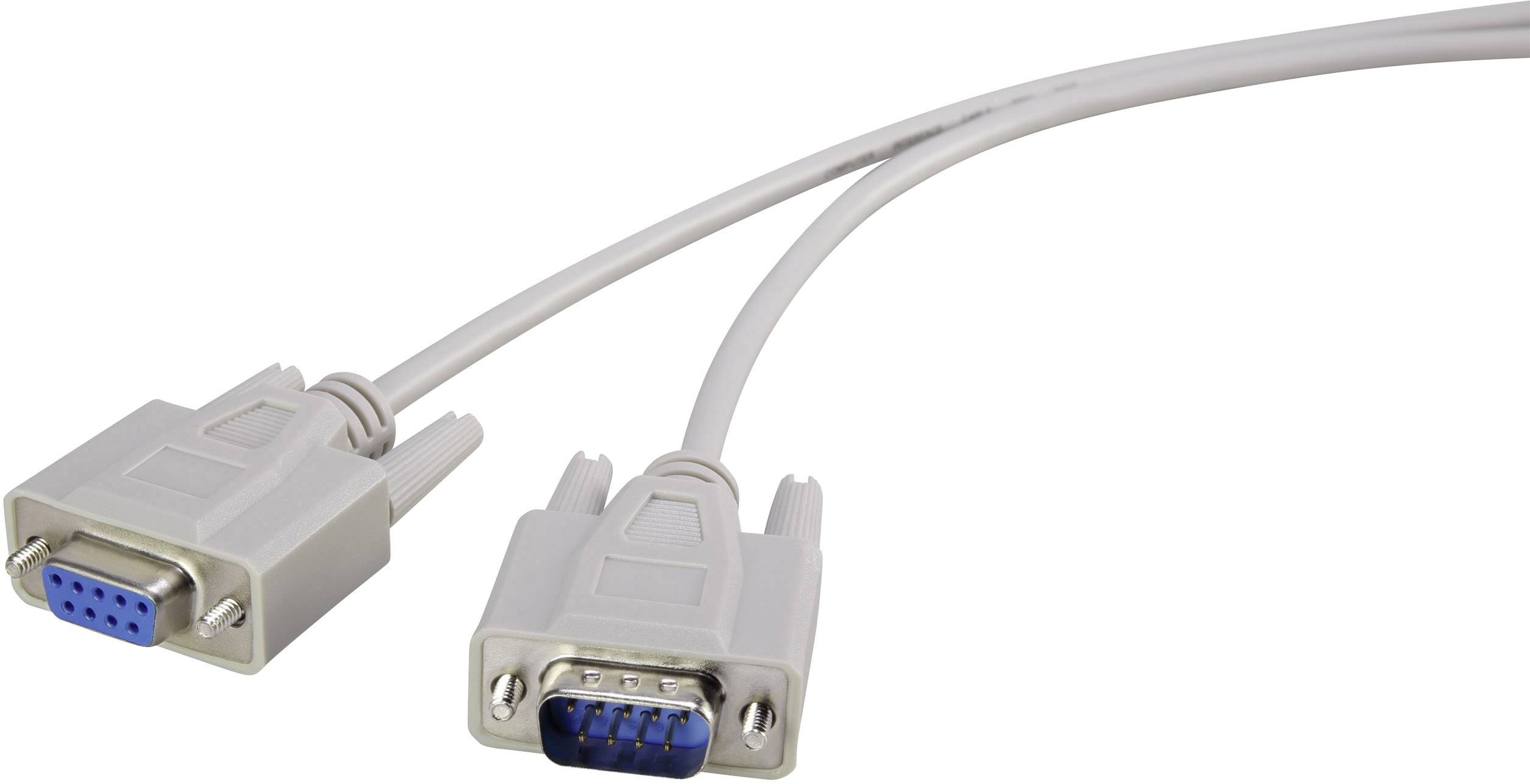 A grey-white serial cable with two connectors: one plug and one socket.