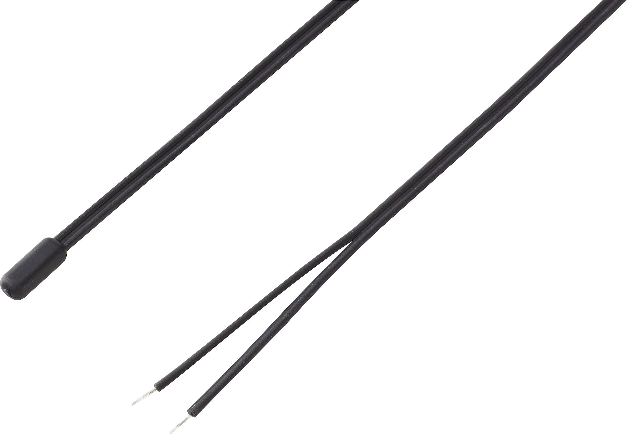A black temperature sensor with two long thin cables.