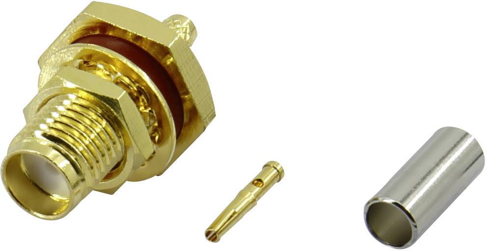 A gold-coloured RF plug with two separate metal parts beside it against a white background.