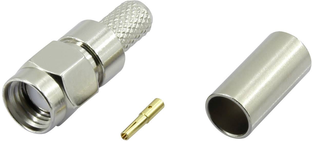 Coaxial cable connector component comprising three parts: a metallic connector housing, a gold pin contact, and a cylindrical sleeve.