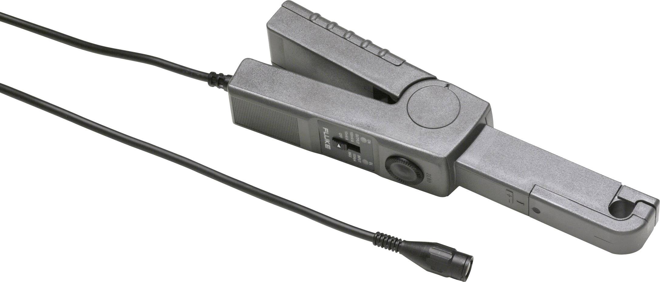 Grey current clamp with cable and plug. Used to measure electrical currents without direct connection.