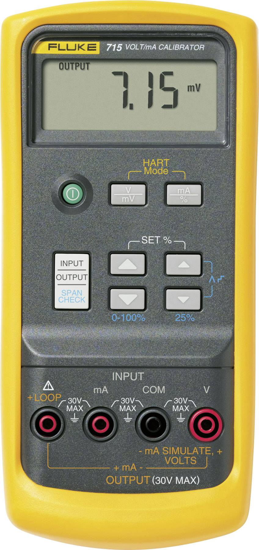 A yellow calibration device displays '7.15 mV' on its screen. Buttons for settings and input ports are visible underneath.