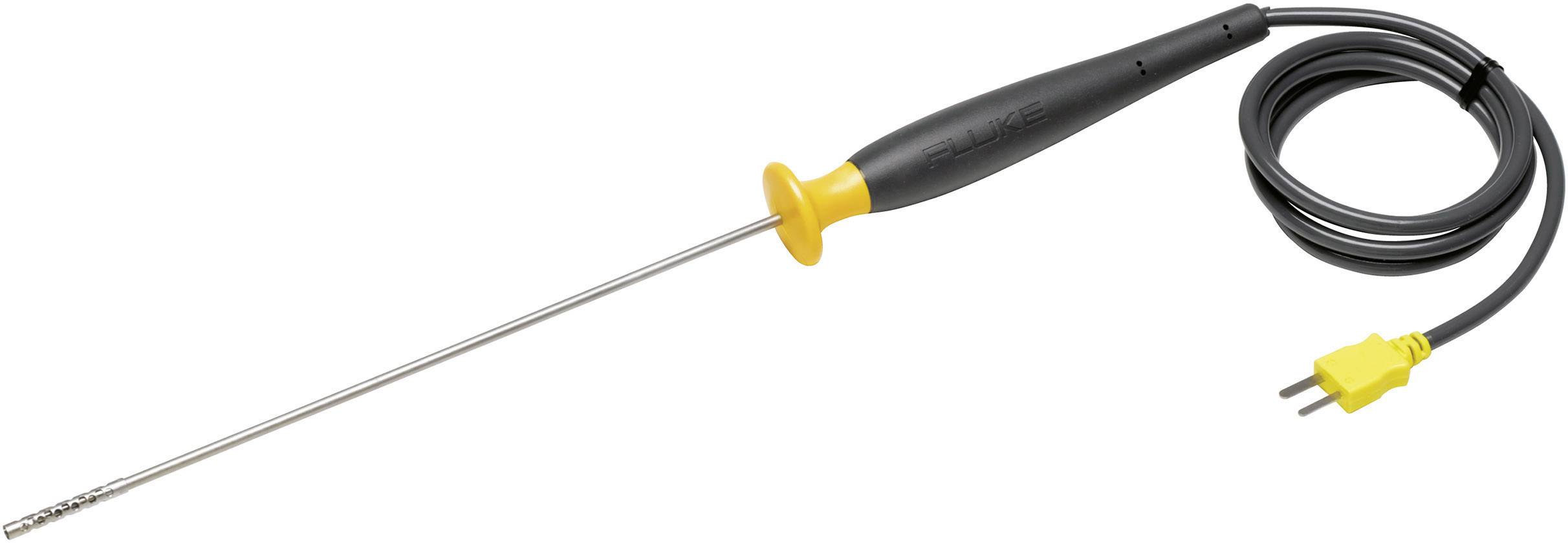 A thermometer probe with a long metal rod and plastic handle, connected by a cable with a yellow plug, for temperature measurement.