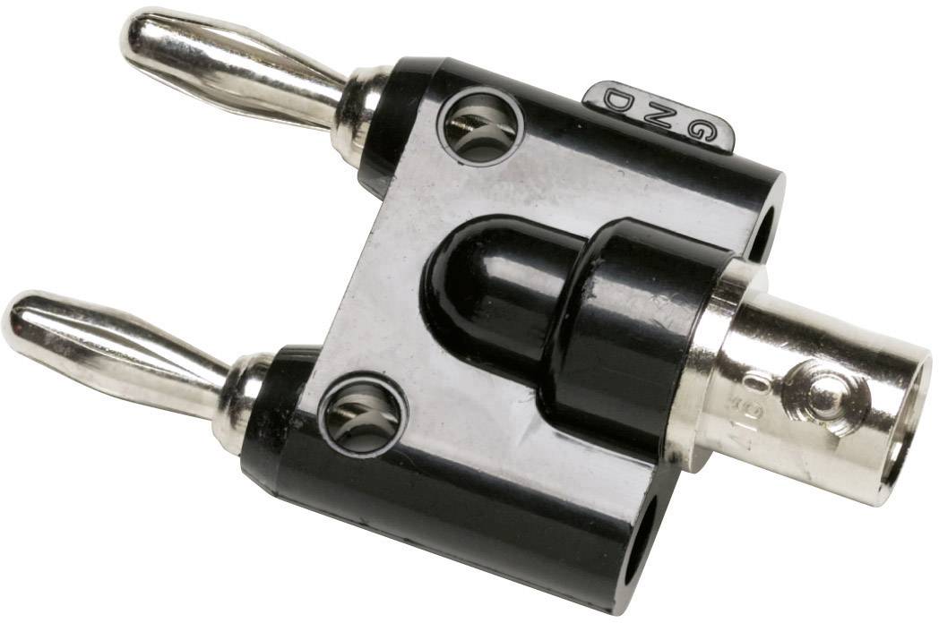 A black and silver two-pole banana plug adapter with two metallic plugs and a socket, for electrical connections.