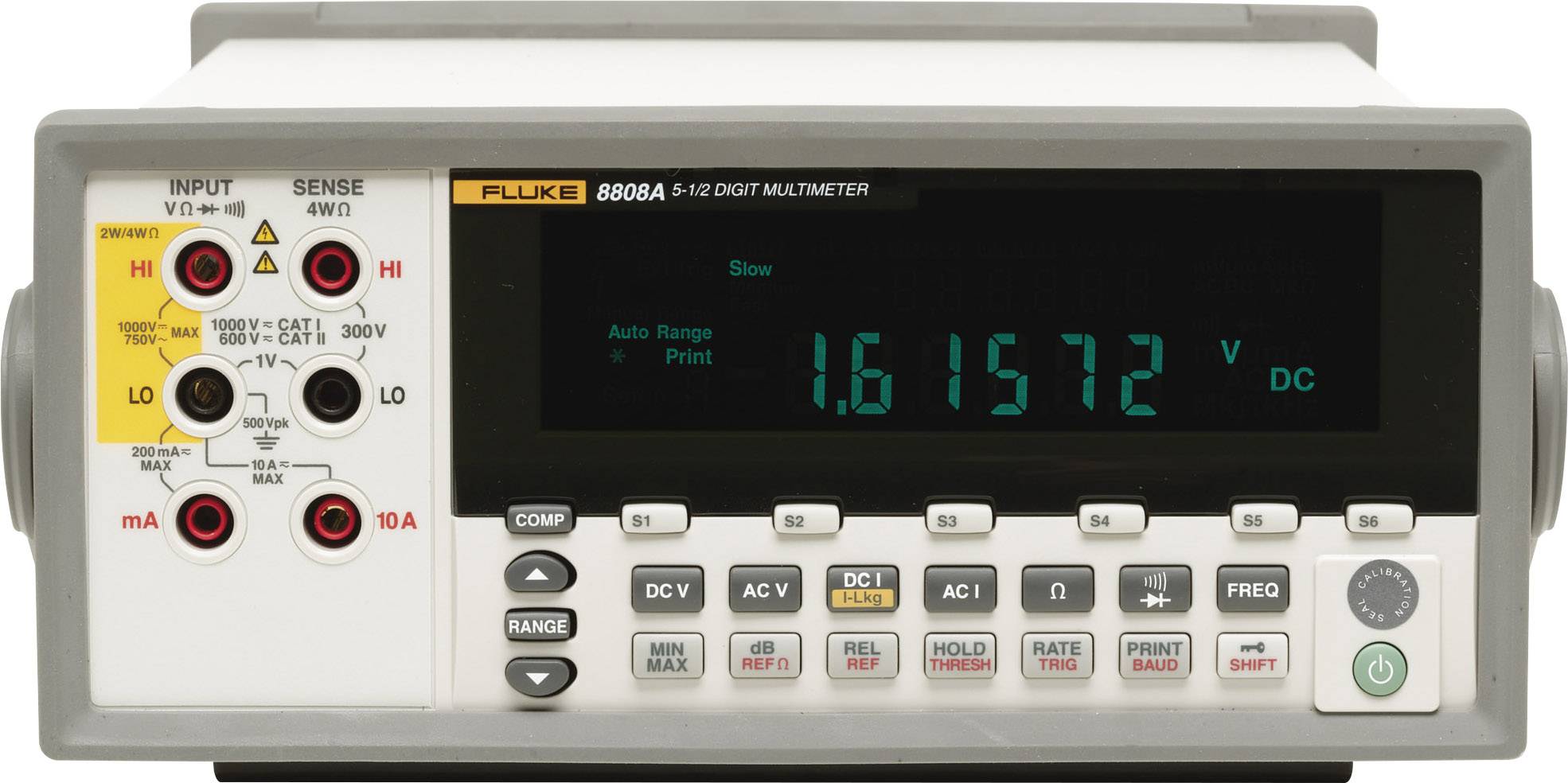 Digital multimeter displaying '1.61572 V DC'. Control buttons and various measurement sockets are visible.