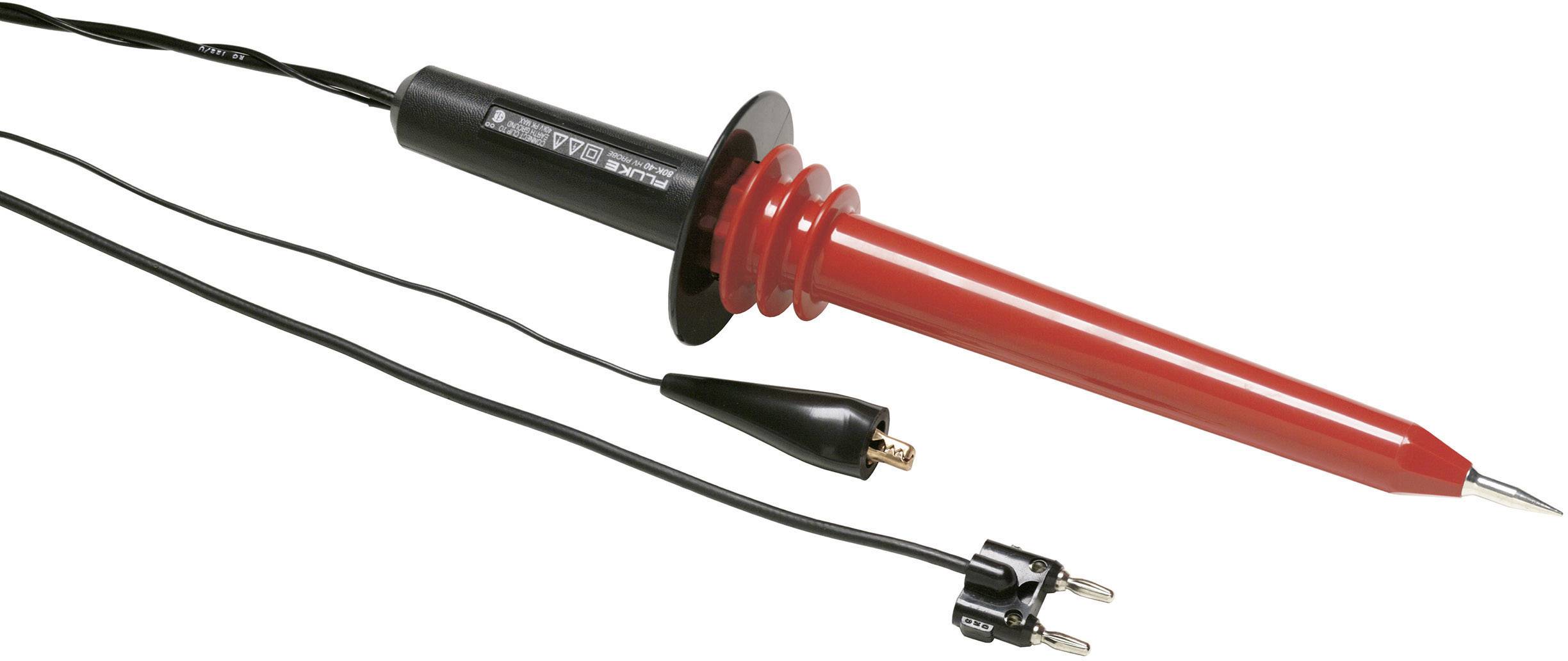 A red test lead with a black cable and crocodile clip, typical for voltage testing in electrical applications.
