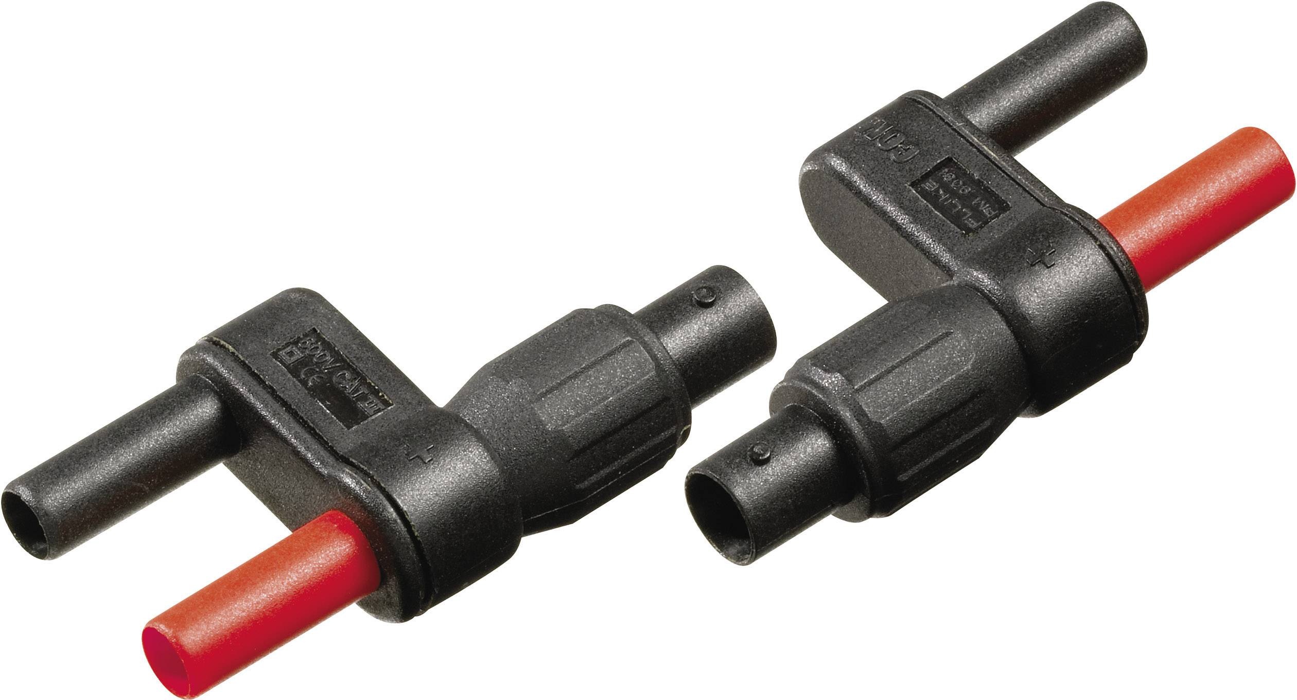 Black and red banana plugs in a Y-shaped adapter for connecting electrical components.
