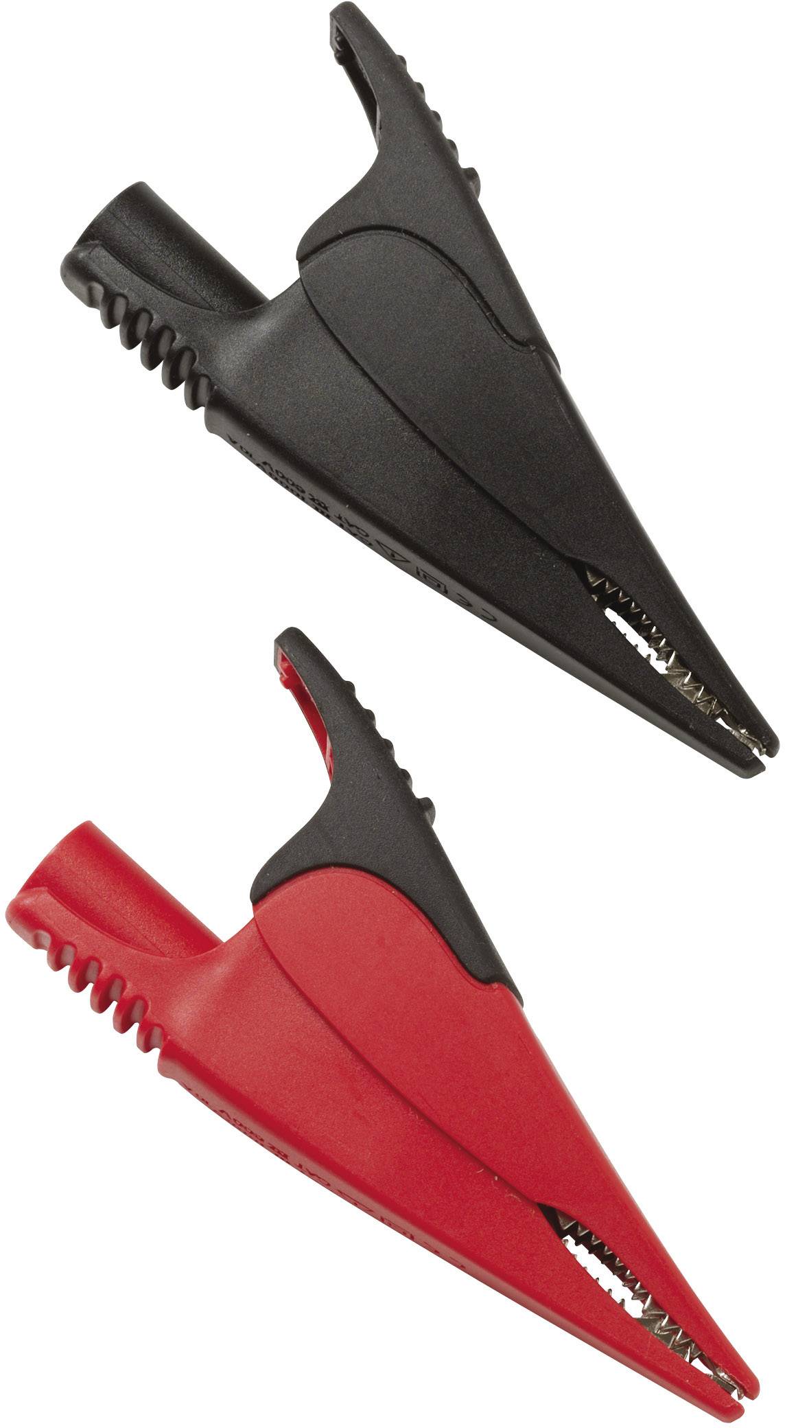 Two crocodile clips, one black and one red. They are lying on top of each other with their serrated jaws exposed, ready for use.