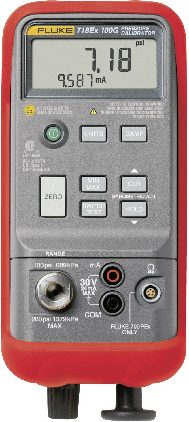 A red pressure calibration device displays '7.18 psi' and '9.587 mA' on the screen. Control buttons are located underneath.