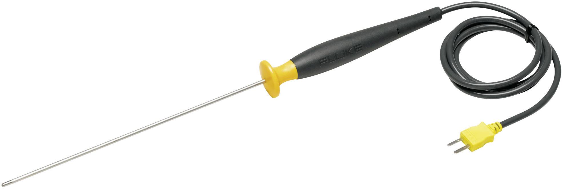 A temperature sensor with a long stainless steel probe, black handle and a yellow plug, connected with a black cable.