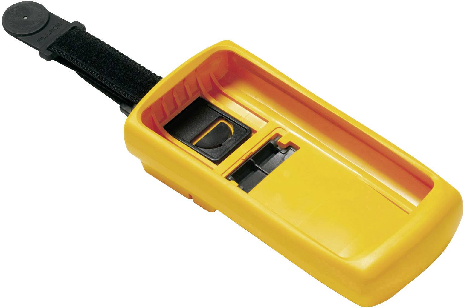 A yellow, empty plastic casing with an opening and a latch on the underside, attached to a black, adjustable strap.