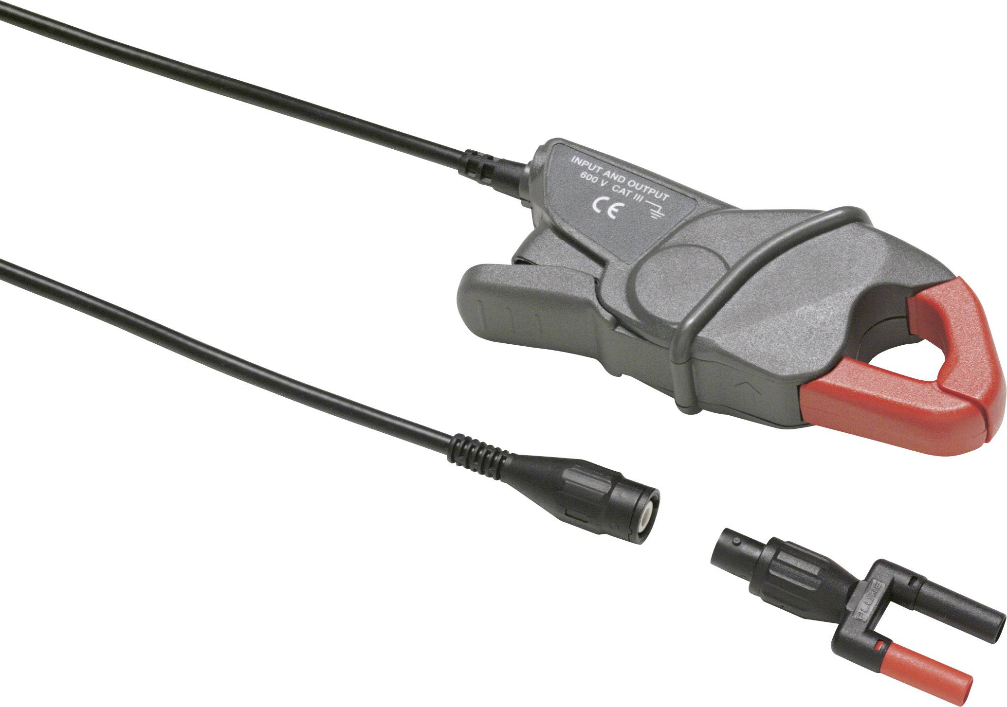 Current clamp with black and red jaws, connected to a black cable adapter for measuring electrical currents.
