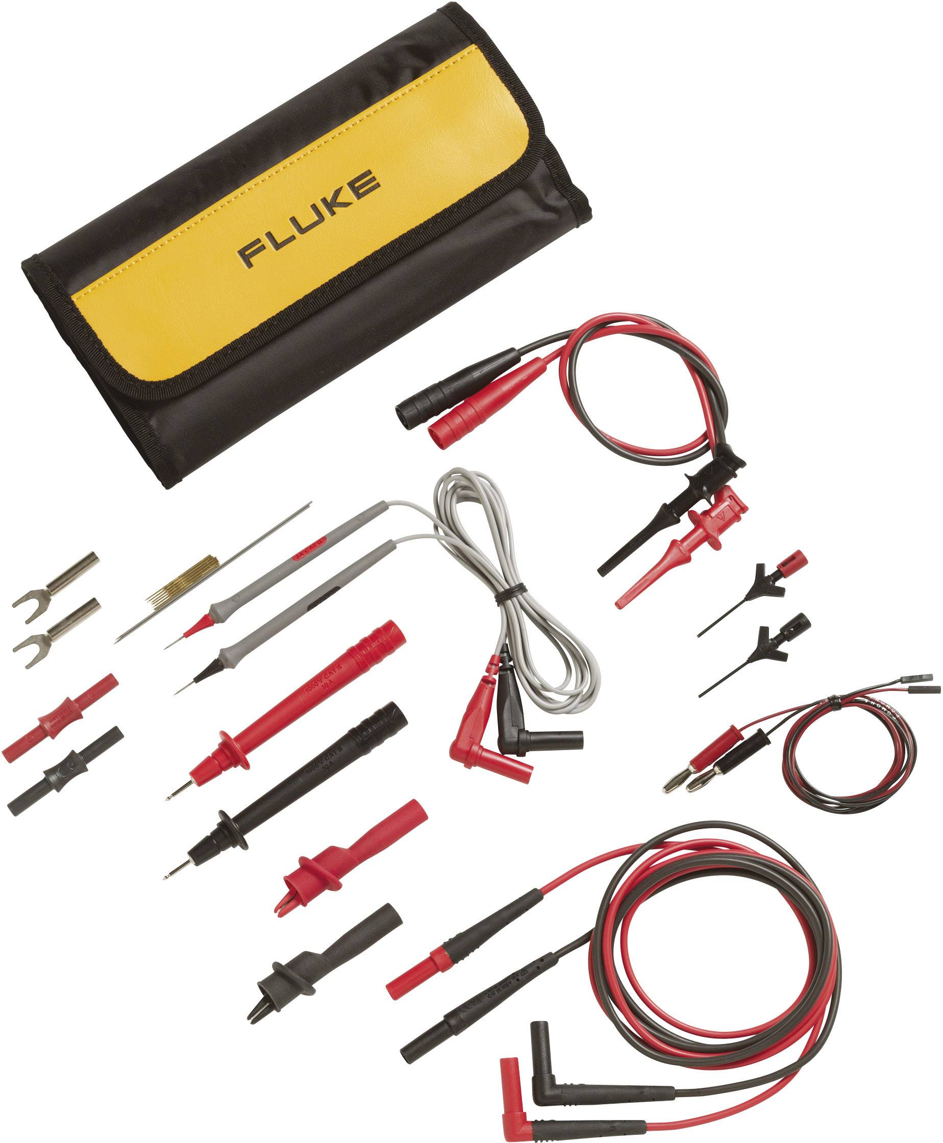 Set of various electrical test probes and cables, including clips, probes, and adapters, in a yellow bag.