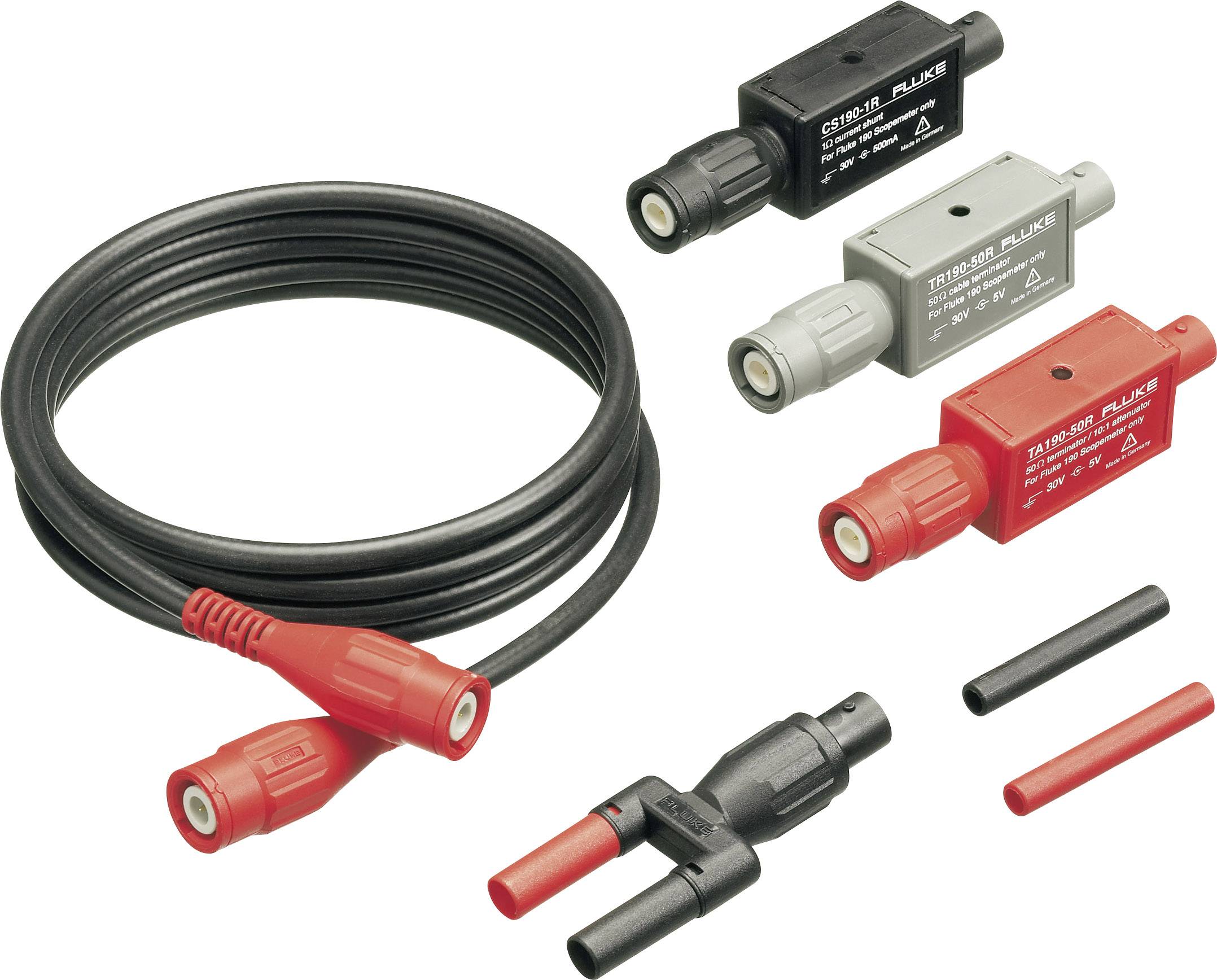 Various adapters and leads for electrical connection. Top right: three adapters in black, grey, and red. Left, a black cable.