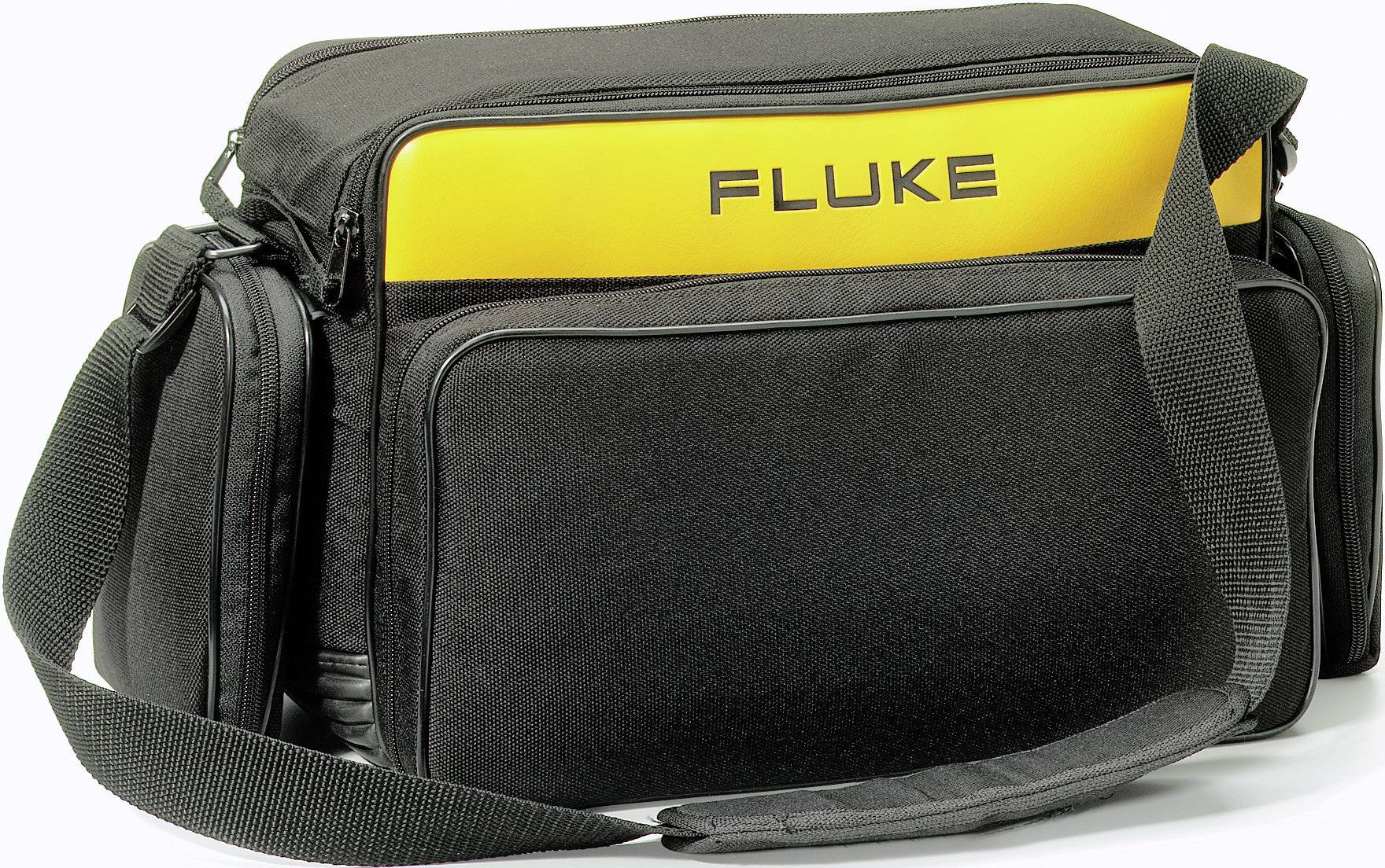 Black tote bag with yellow 'FLUKE' print, wide shoulder strap and multiple zip pockets.