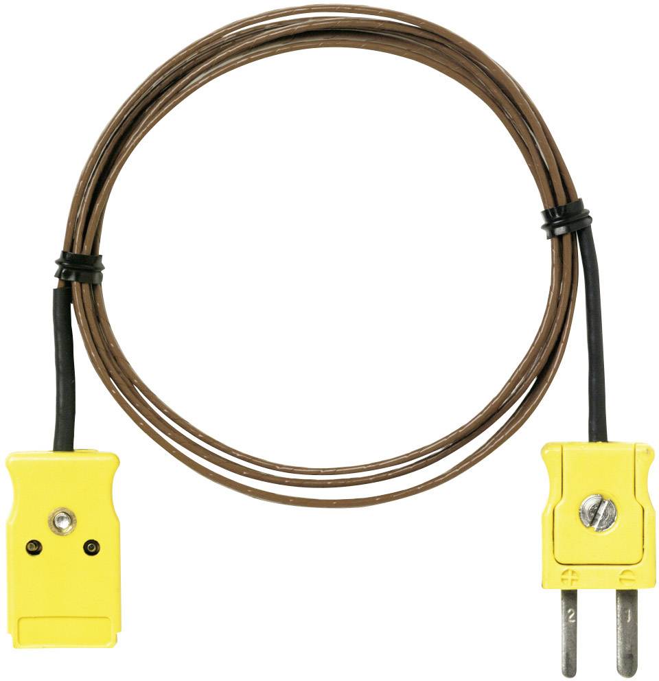 A yellow Type K thermocouple with two metal connectors at each end and a brown cable, used for temperature measurement.