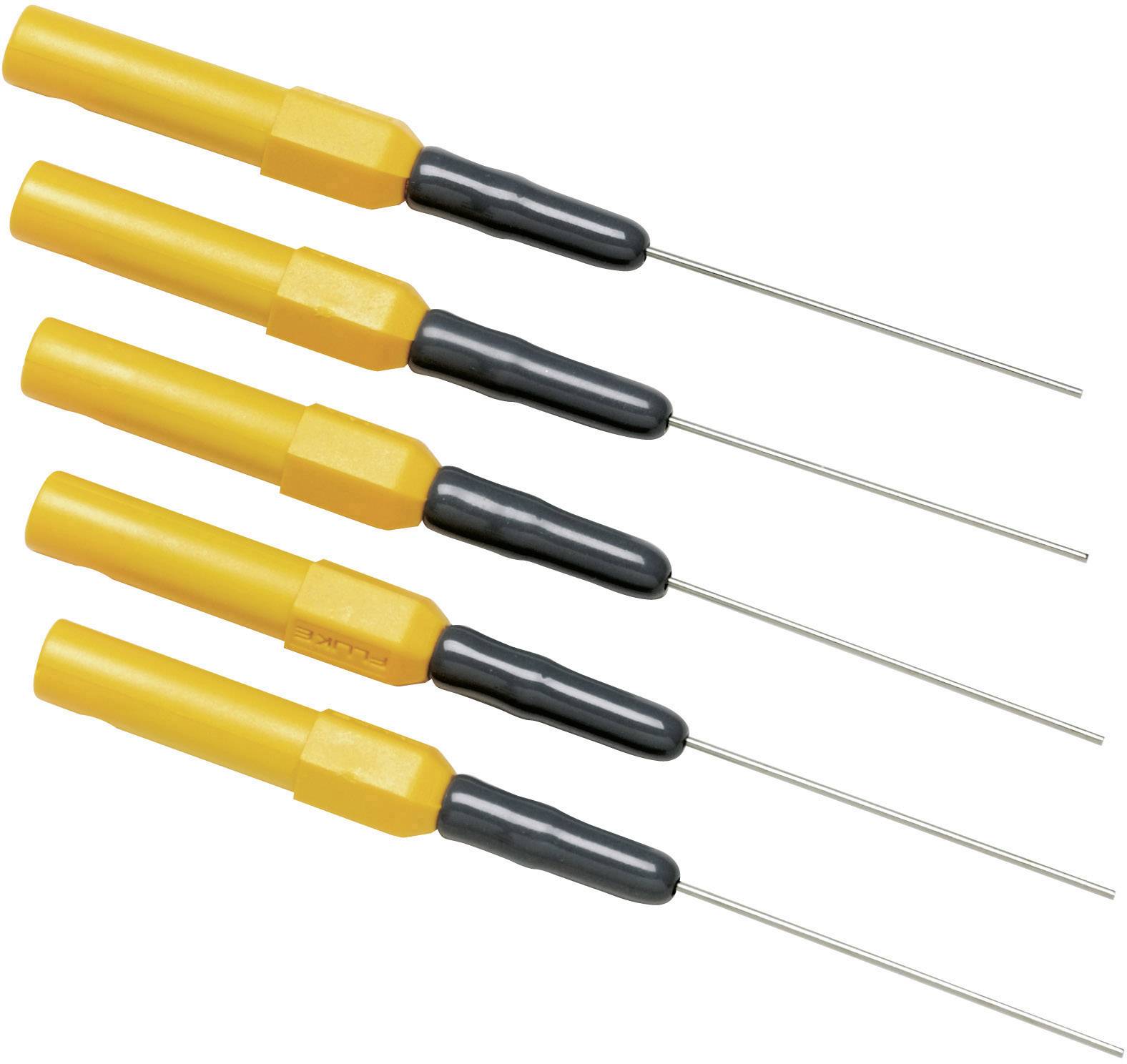 Five yellow drills with long, straight metallic tips and black handles are aligned side by side.