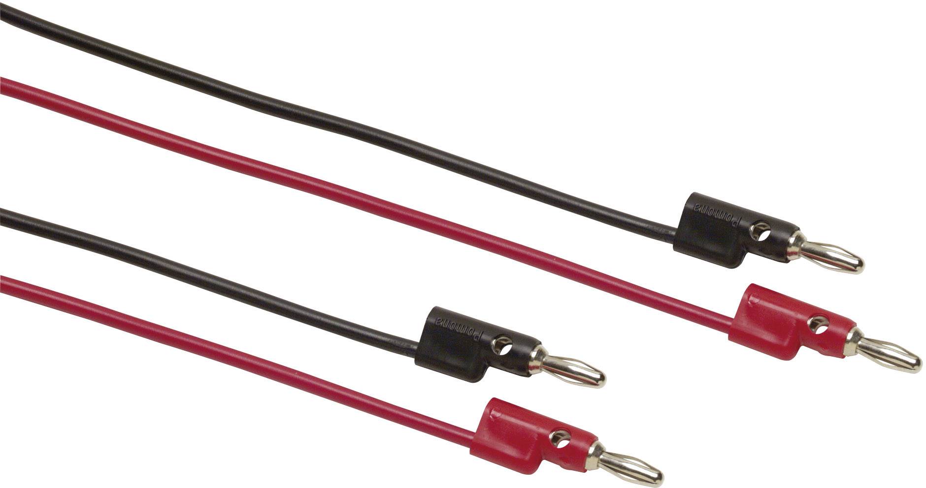 Two red and one black cable with banana plugs at both ends, used in electronic circuits.