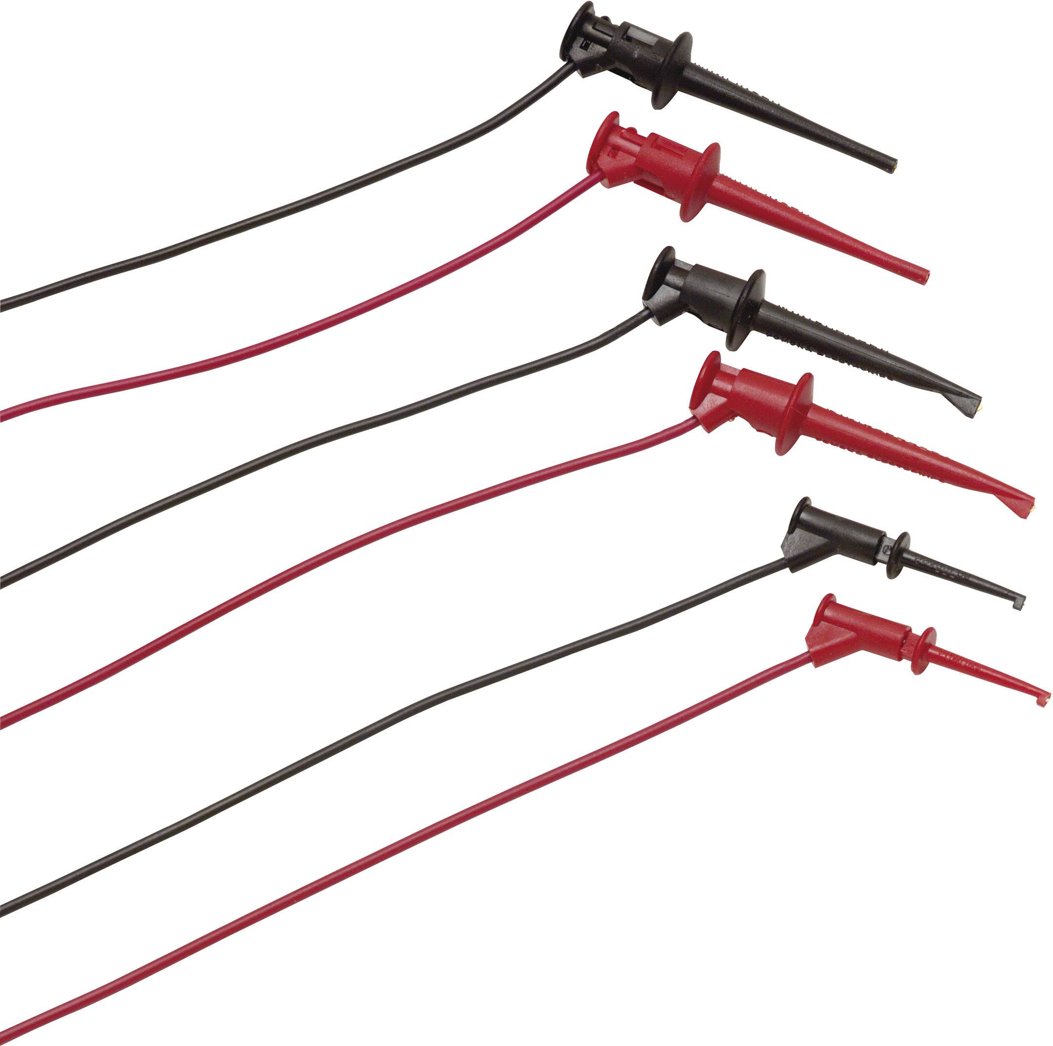 Black and red alligator clips with cables, for connecting electrical devices.
