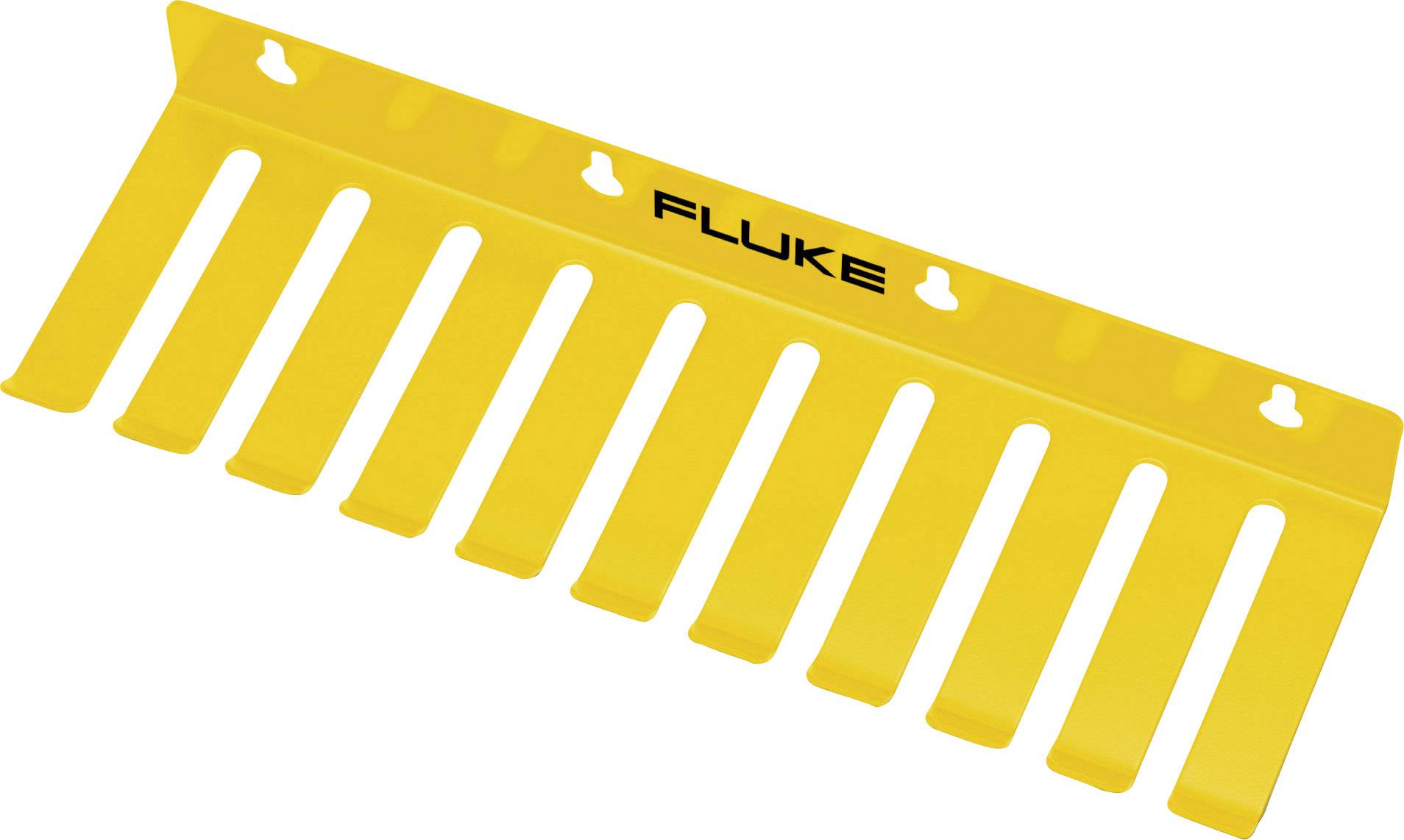 Yellow wall-mounted tool rack with ten slots, with 'Fluke' written on it.