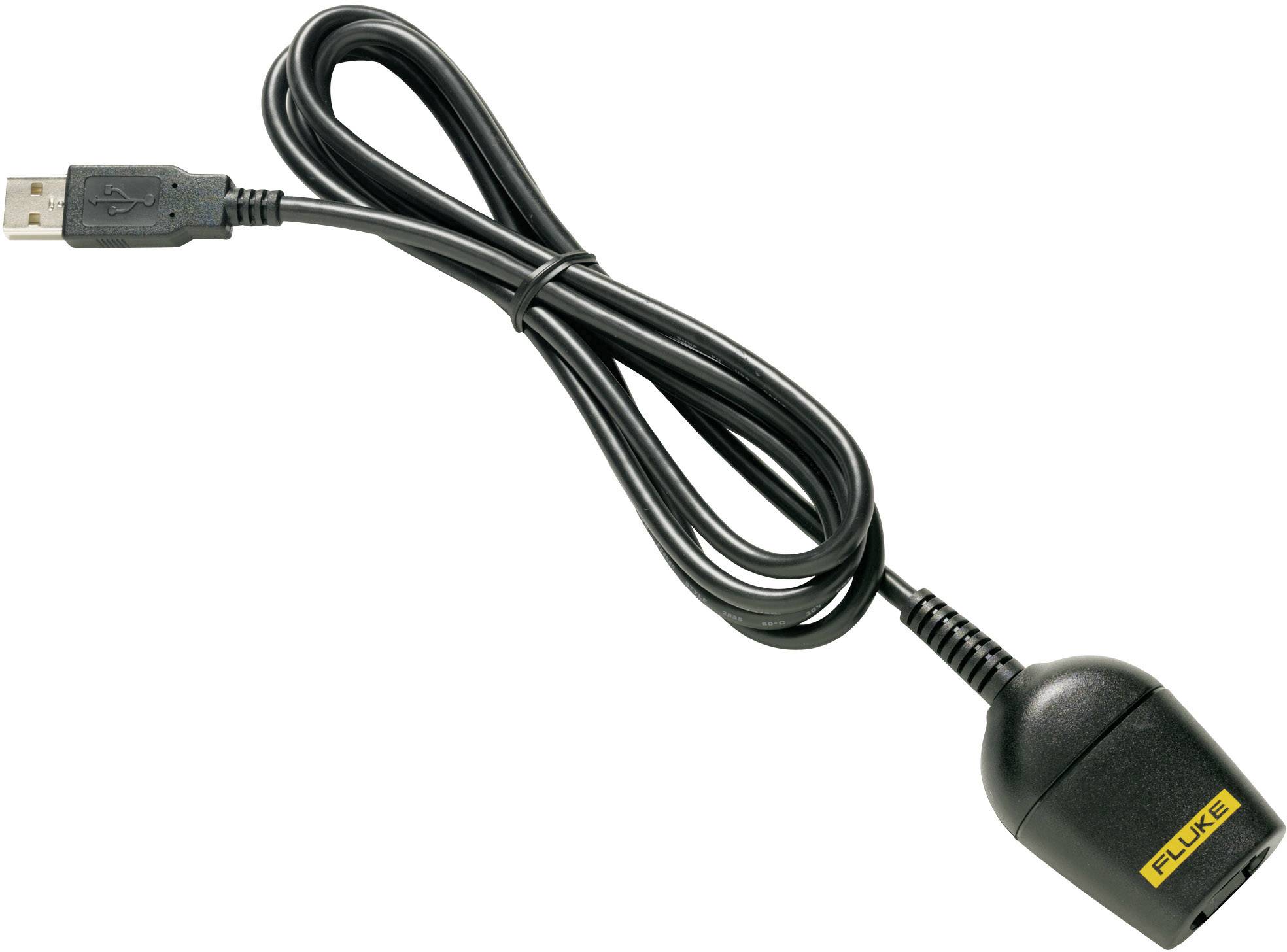 USB cable with a yellow 'Fluke' logo on one end, suitable for connecting devices for data transfer or power supply.
