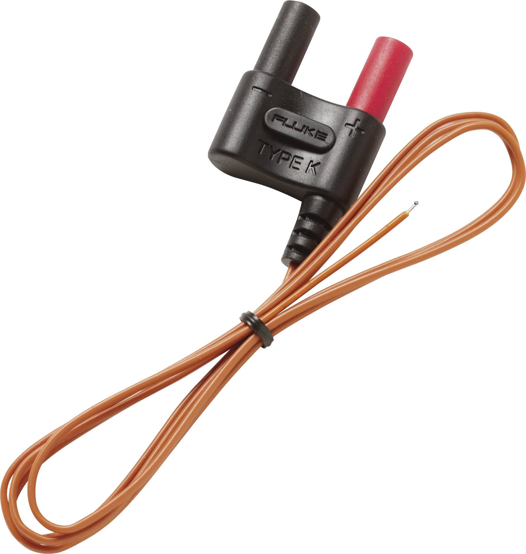 A Type K thermocouple with two probe plugs and a long, brown cable. Used for temperature measurement in technical applications.