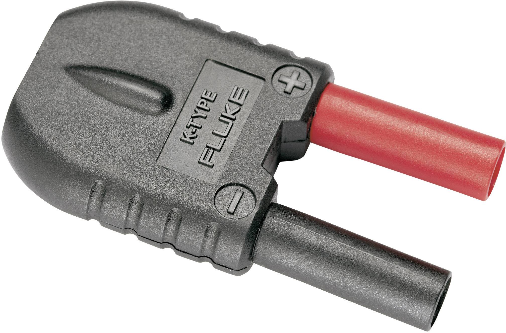 A black adapter cable with two connectors, red and black, and the inscription 'K-Type Fluke', for measuring in electrical applications.